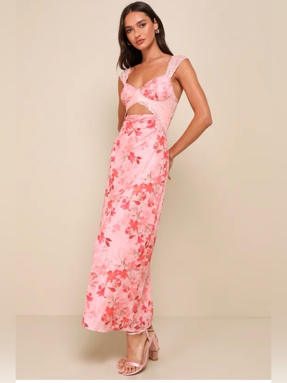 Lulu's Pink Floral Cutout Lace-Trim Maxi Dress